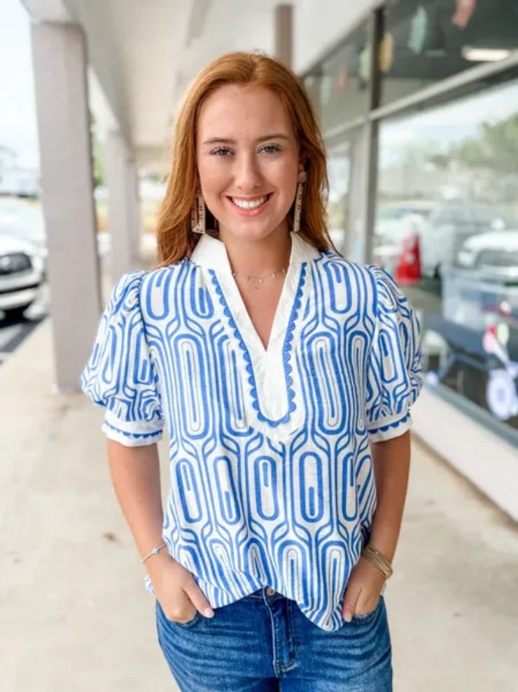 BLUE, WHITE NO BRAND NAME BLOUSE, SMALL